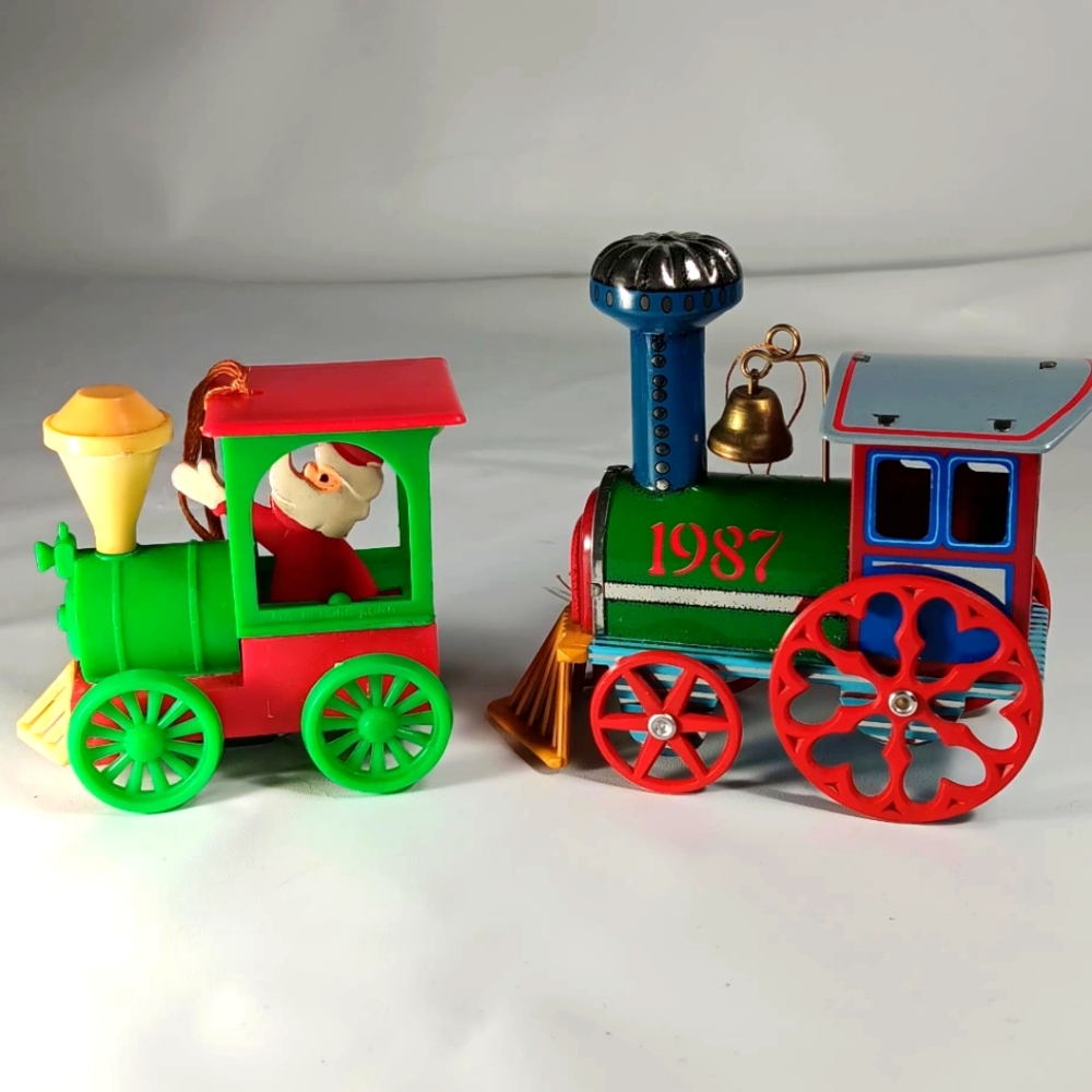2 Vtg Train Locomotives Christmas Ornaments
